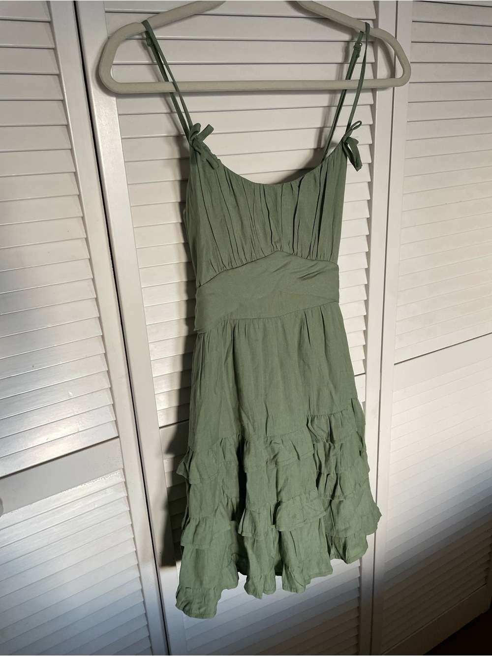 Sage Green Ruffle Midi Dress with Spaghetti Ties